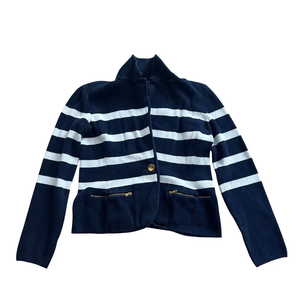 Lauren Ralph Lauren Petite Navy White Striped Cotton Knit Cardigan Jacket PS